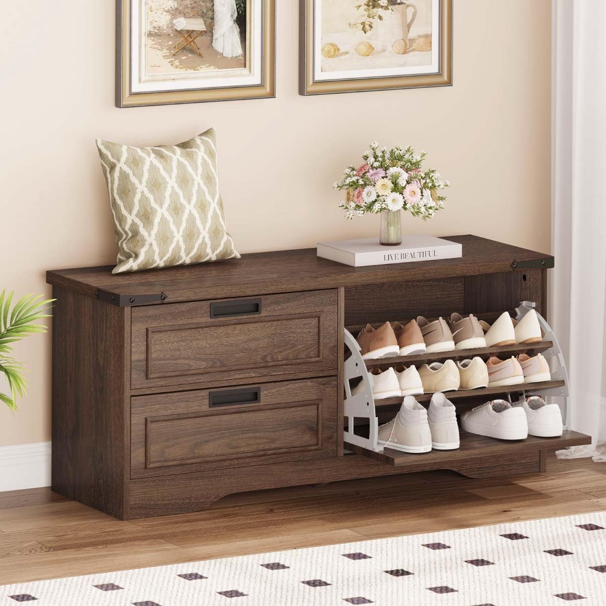 Bench With Shoe Storage For Entryway, Wooden Shoe Benches With Flip Door And Drawers, Entry Way Shoes Organizer Cabinet For Living Room Mudroom (Dark Walnut)