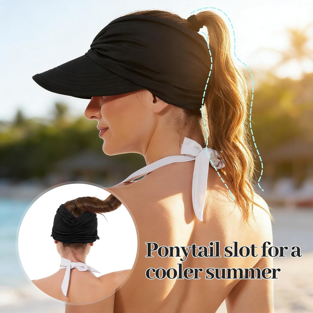 Wide Brim Visor Hats for Women-Lightweight Packable Ponytail Hat, Comfortable Quick-Dry Sun Visor for Casual