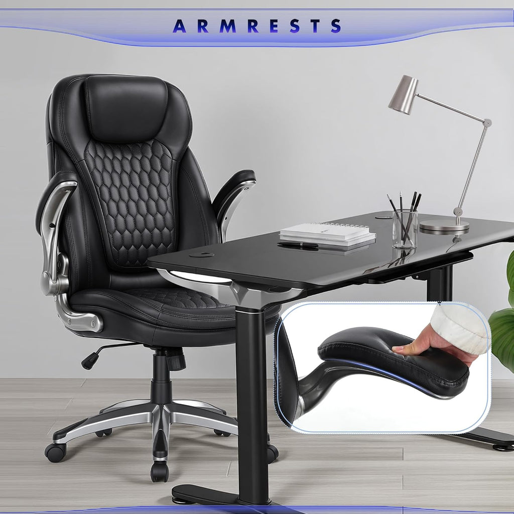 Colamy Executive Office Chair-Ergonomic Computer Desk Chair, High Back Leather Chair With Padded Flip-Up Arms, Swivel Home Office Chair, Black