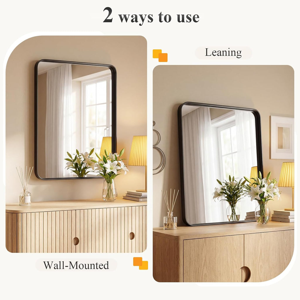 Sweetcrispy Bathroom Wall Mirror, 36X24 Inch Mirror For Over Sink, Black | Modern Wall Mount Vanity Mirror Rounded Rectangle With Matte Brush Metal Framed, For Home Decor, Living Room, Bedroom