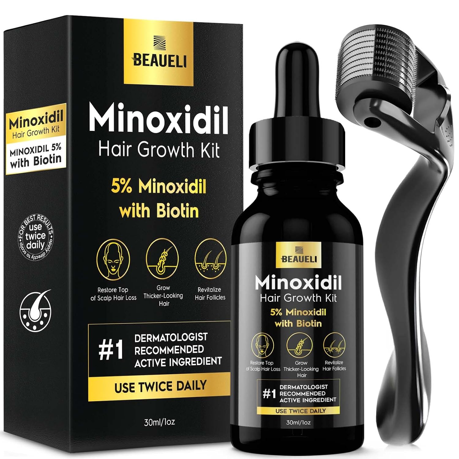 Beaueli Minoxidil Beard Growth Kit For Men And Women, Hair Loss And Hair Regrowth Treatments, Minoxidil 5%, Black