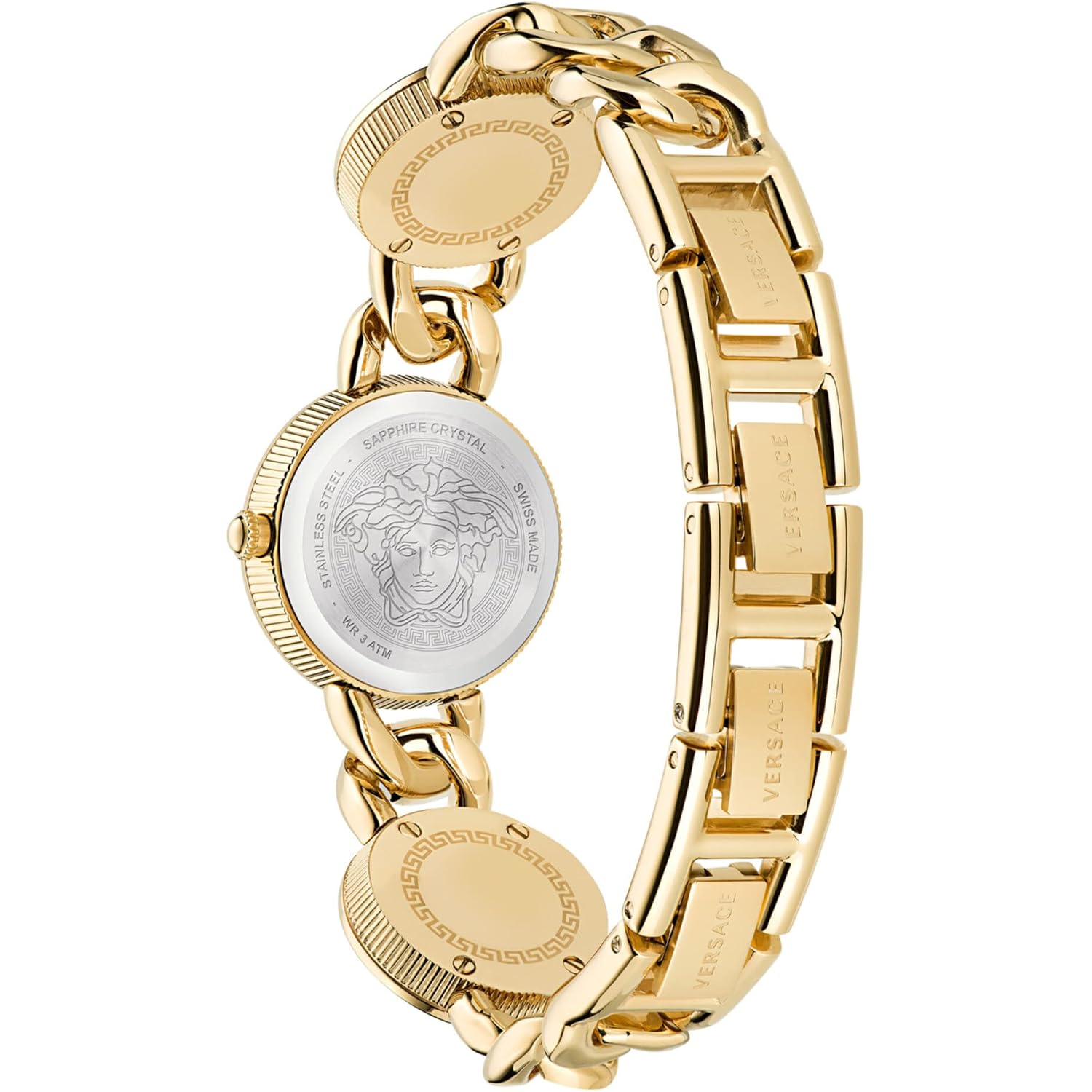 Versace Stud Icon Women'S Watch, 26Mm Ip Yellow Gold Case, Black Sunray Dial, Gold Tone Bracelet, Swiss Quartz Movement, Jewelry Clasp, 3 Atm Water Resistant