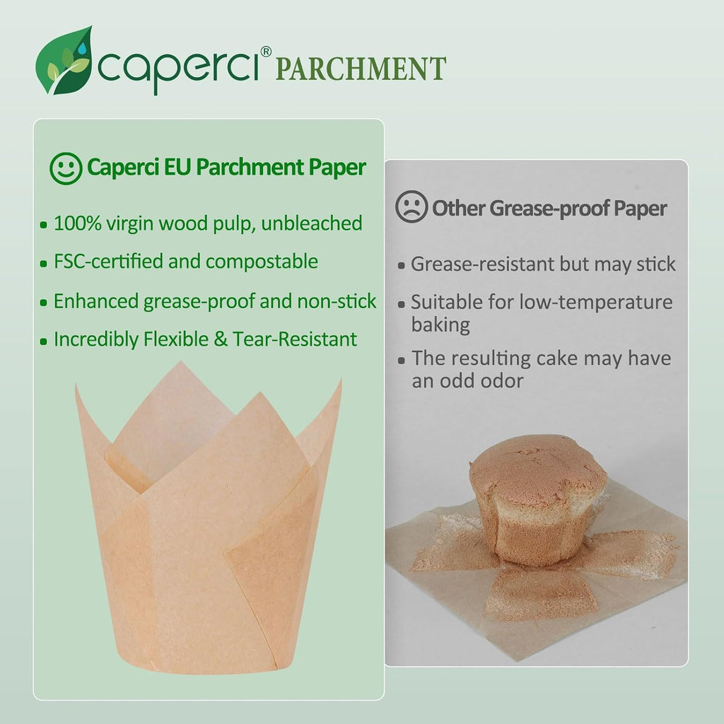Caperci 150Pcs Natural Tulip Cupcake Liners Unbleached European Parchment Paper Baking Cups Muffin Liners For Party, Wedding, Christmas, Birthday