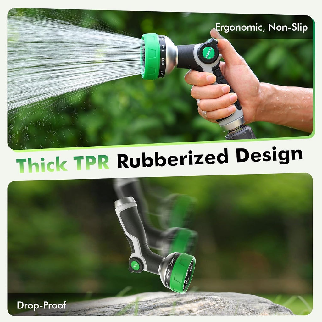 Restmo 10-In-1 Water Hose Nozzle, Garden Hose Sprayer With 10 Adjustable Spray Patterns, Easy Thumb Control For Flow Adjustment, Ideal For Watering Plants & Lawns, Washing Cars & Pets, Green
