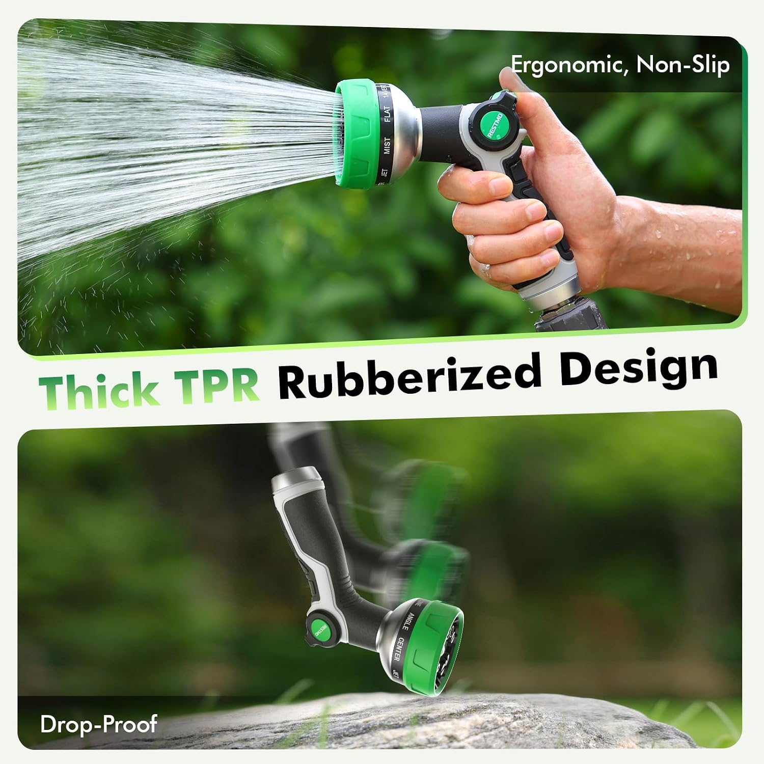 Restmo 10-In-1 Water Hose Nozzle, Garden Hose Sprayer With 10 Adjustable Spray Patterns, Easy Thumb Control For Flow Adjustment, Ideal For Watering Plants & Lawns, Washing Cars & Pets, Green