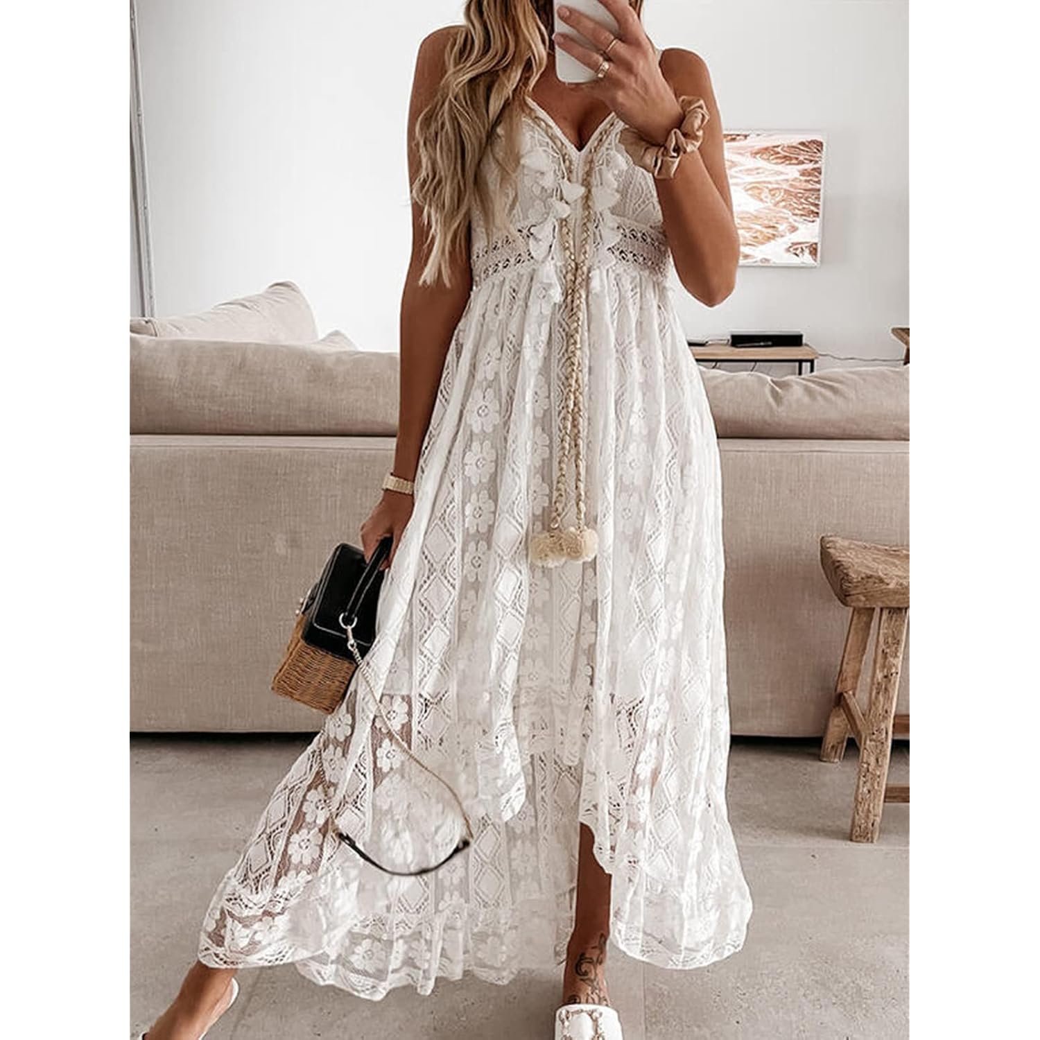 Cupshe Maxi Summer Dress For Women Lace V Neck Sleeveless Sundress Boho Crochet Tassel Flowy Beach Vacation Graduation Dress