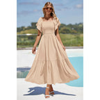 Mascomoda Womens Summer Casual Midi Dress Square Neck Ruffle Short Sleeve Smocked High Waist A Line Wedding Guest Dresses