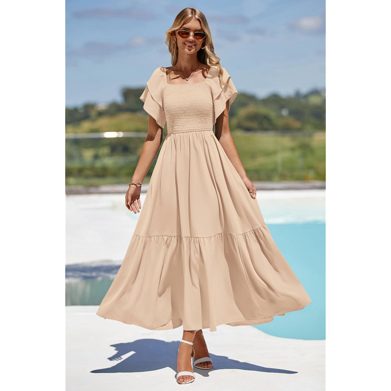 Mascomoda Womens Summer Casual Midi Dress Square Neck Ruffle Short Sleeve Smocked High Waist A Line Wedding Guest Dresses