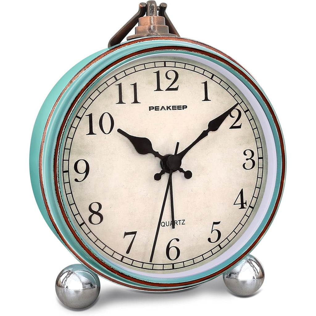 Peakeep 4" Small Battery Operated Antique Retro Analog Alarm Clock | With Contour Lines In Gold For Room Decor, Silent Elegant Bedside Desk Table Gift Clock