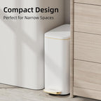 Kuk Slim Bathroom Trash Can With Lid, 1.6 Gal / 6L Stainless Steel Small Garbage Bin With Detachable Inner Bucket, Step Pedal, Silent Close, Wastebasket For Toilet, Bedroom, Home, Office (White)