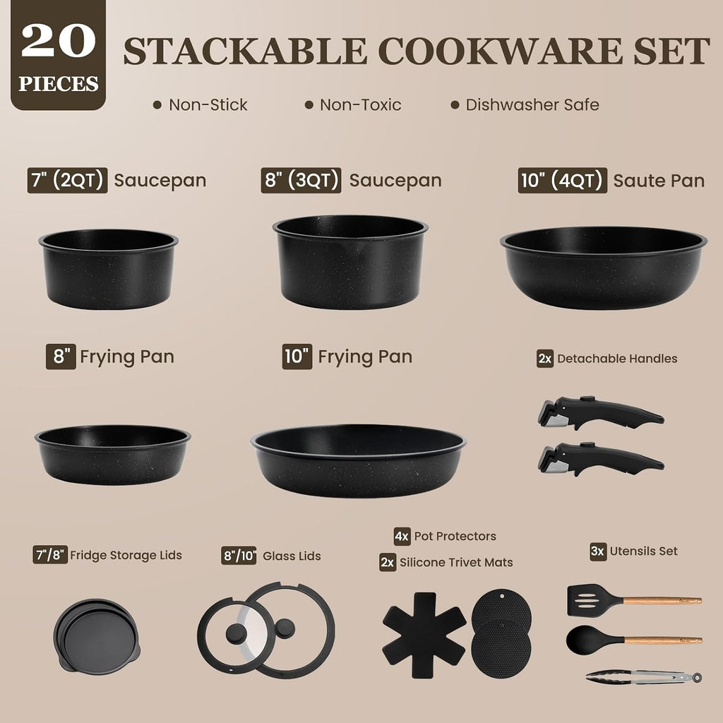 Nonstick Pots And Pans Set - 20 Pack Kikcoin Stackable Cookware Set With Detachable Handle, Rv Kitchen Cooking Set With Removable Handles - Oven Safe, Induction Ready (Black)