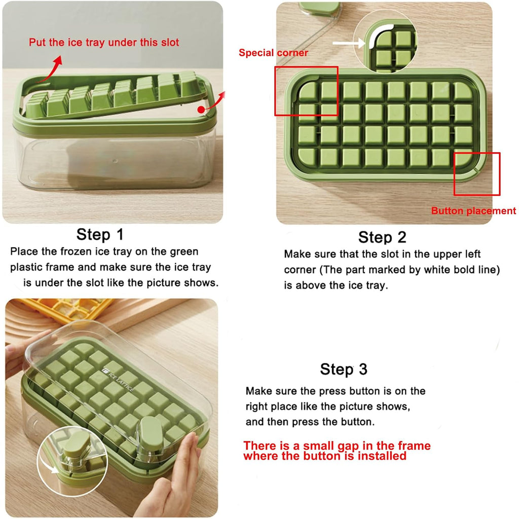 Ice Cube Tray With Lid And Bin, 2 Pack Ice Cube Trays For Freezer, 64 Pcs Ice Cube Mold, Press Button Easy Release Ice Tray, Small Ice Cubes Maker For Drinks(Green)