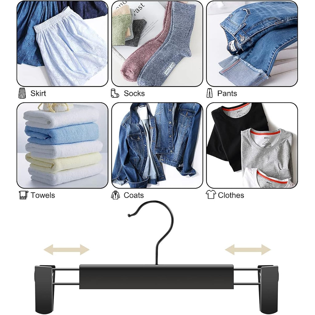 Guanjune 10 Pack Clothes Pants Hangers, Space-Saving Skirt Holders With 360 ° Swivel Hooks, Adjustable Clips, Trouser Coat Garment Jeans Black