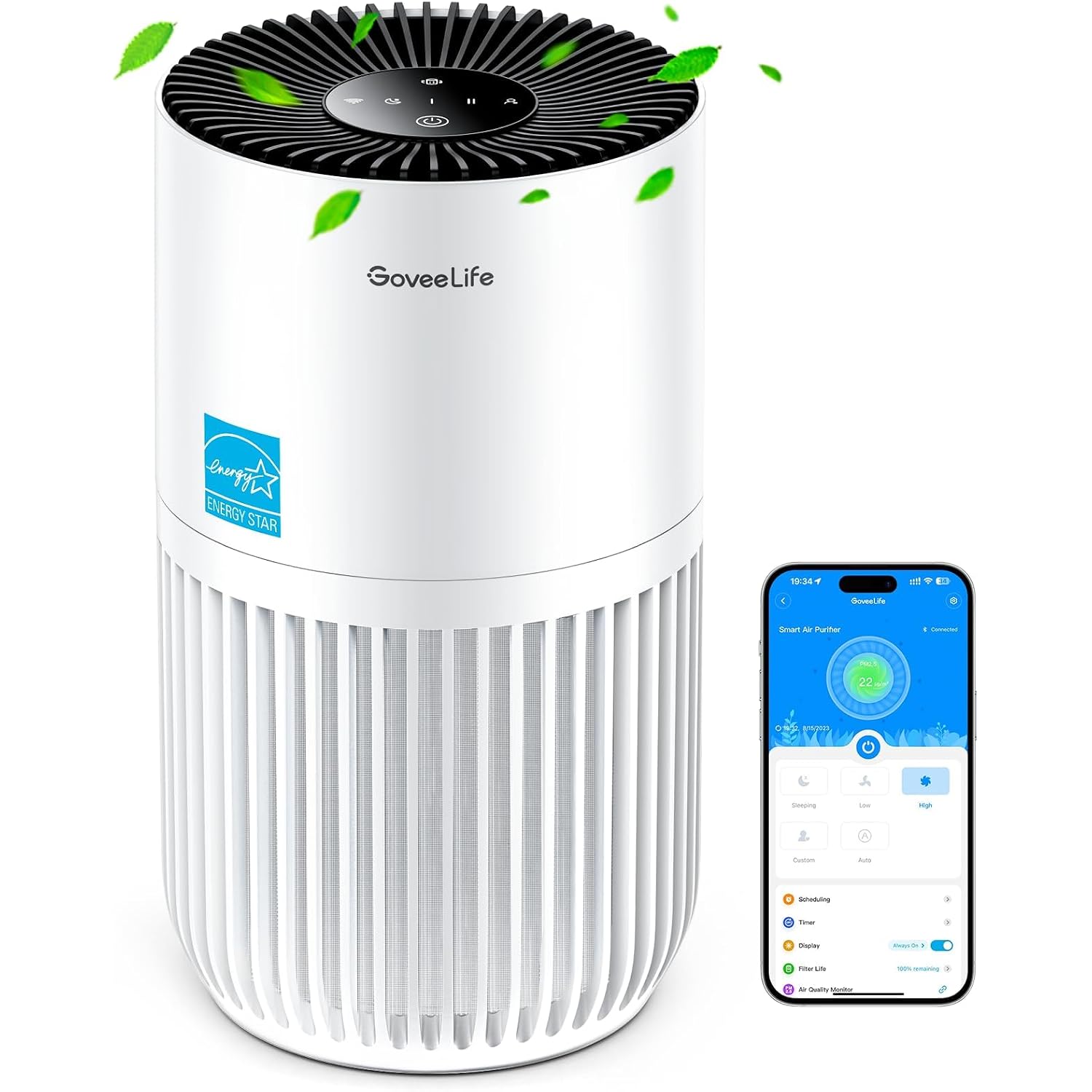 Goveelife Smart Mini Air Purifier For Bedroom, With App & Alexa Control | Hepa Filter, Portable Air Cleaner With 3 Speeds, 2 Modes, Aroma For Pet Hair, Odors, Pollen, Home, White
