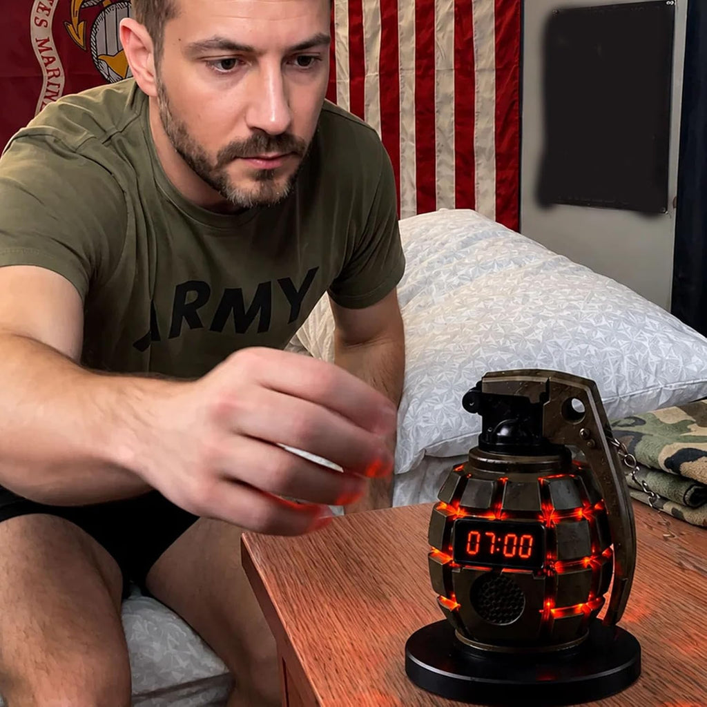 Tactical Military Grenade Alarm Clock With Interactive Safety Pin (1Pc) | Loud Sound Alert Digital Wake Up Clock, Novelty Decor Gift For Man Cave Men Teens Bedroom Office