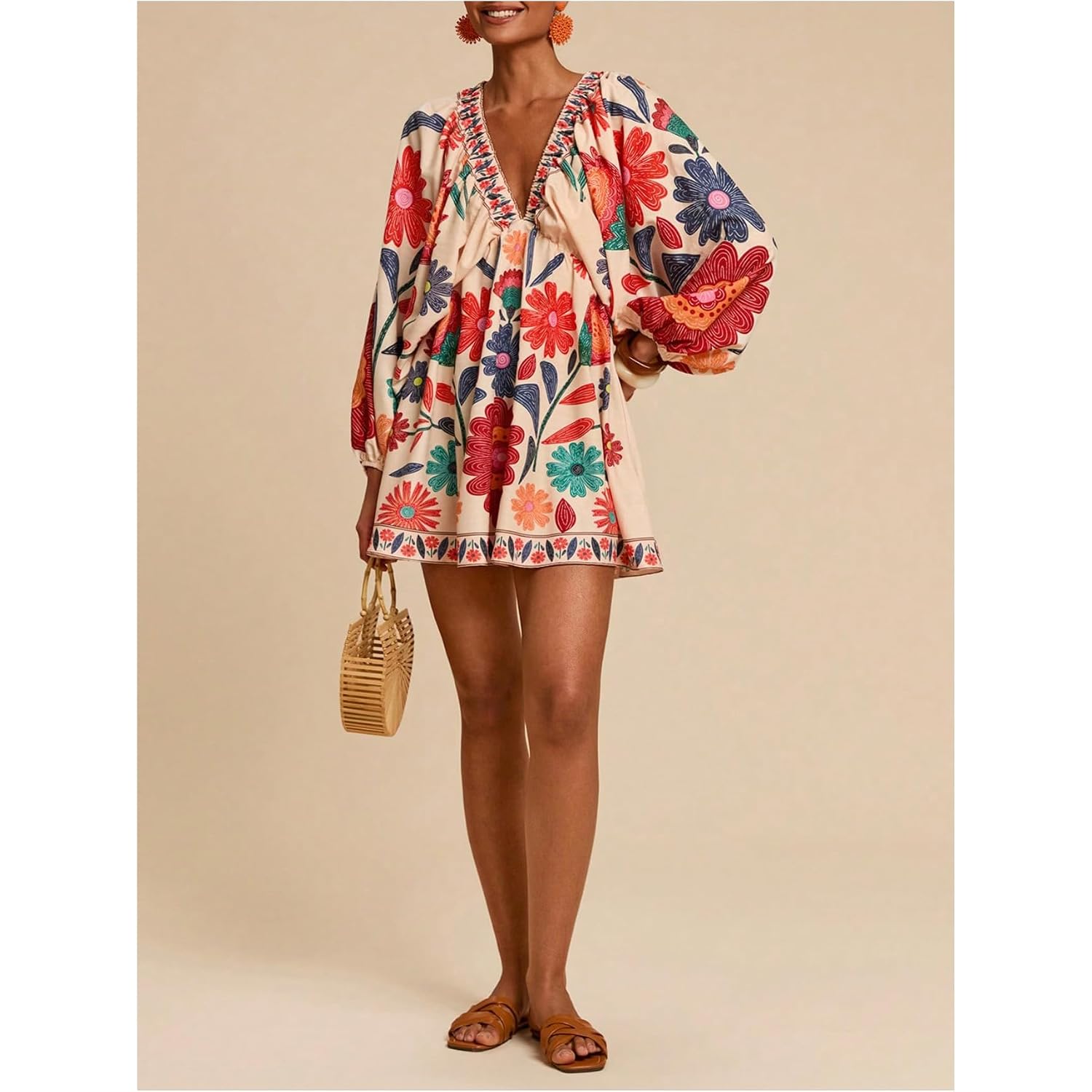 Roseseek Women'S Boho Floral V Neck Mini Dresses Bishop Sleeve Tie Open Back Tropical Dress