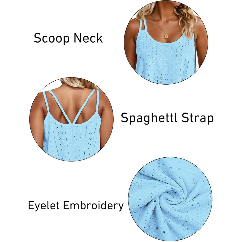 Rosriss Womens Summer Plus Size Tank Tops Embroidery Scoop Neck Spaghetti Strap Camisoles Sleeveless Eyelet Shirts Xl-5Xl