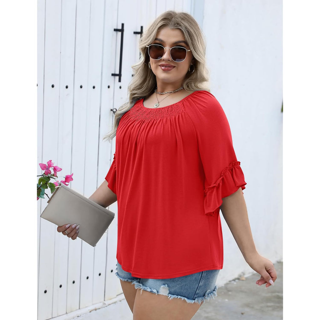 Micoson Womens Plus Size Tops 3/4 Ruffle Sleeve Shirts Crewneck Pleated Blouses Dressy Casual Fashion Tunic Top (1X-5X)
