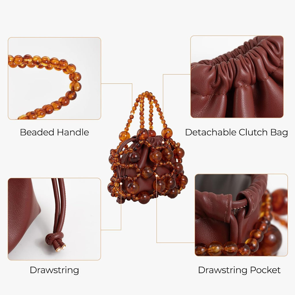 Women'S Brown Leather Shoulder Bag With Amber Bead Decoration, Bohemian Women'S Crossbody Bag, Cute Little Handbag