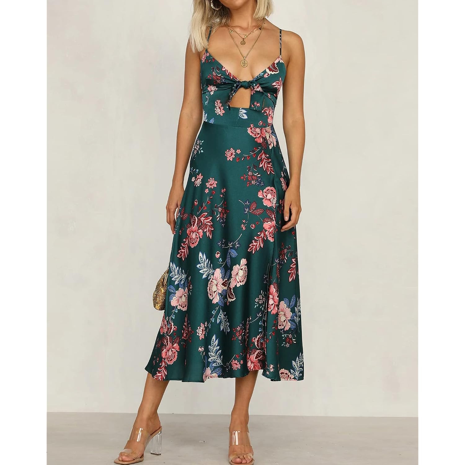 Fashionme Women Spaghetti Strap Midi Satin Dresses Tie Front Backless Slit Cutout Dress Semi-Formal/Casual Flowy Lightweight