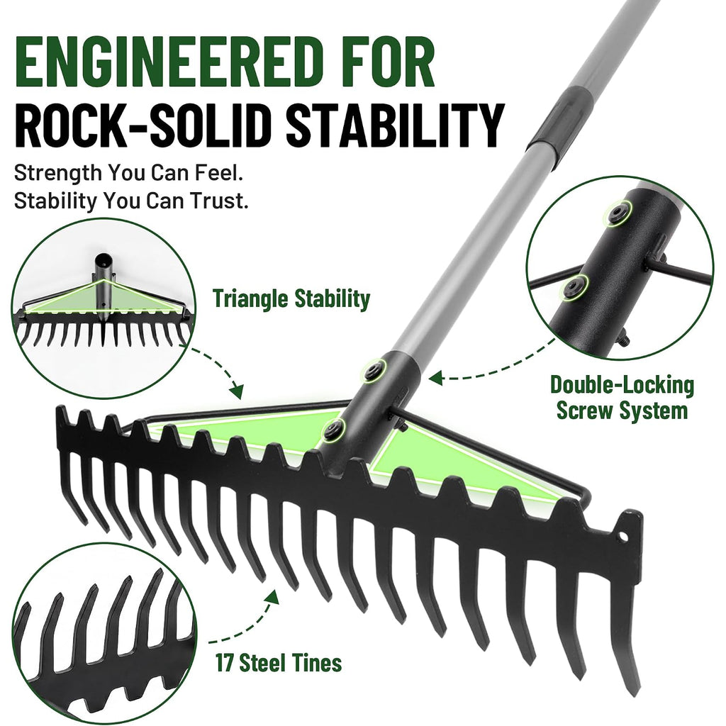 Walensee Heavy Duty Dual-Sided Bow Rake, 63" Stainless Steel Handle, Heat-Treated Manganese Steel Head, 17 Steel Tines Metal Garden Rake For Soil Loosening, Yard Leveling, Lawn Care And Thatch Removal