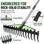 Walensee Heavy Duty Dual-Sided Bow Rake, 63" Stainless Steel Handle, Heat-Treated Manganese Steel Head, 17 Steel Tines Metal Garden Rake For Soil Loosening, Yard Leveling, Lawn Care And Thatch Removal