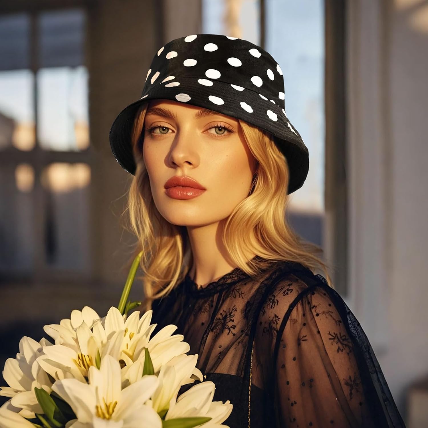 DOCILA Bucket Hats for Women Trendy Print Reversible Bucket Hat Packable All Season Fisherman Sun Caps Blackwhitedot