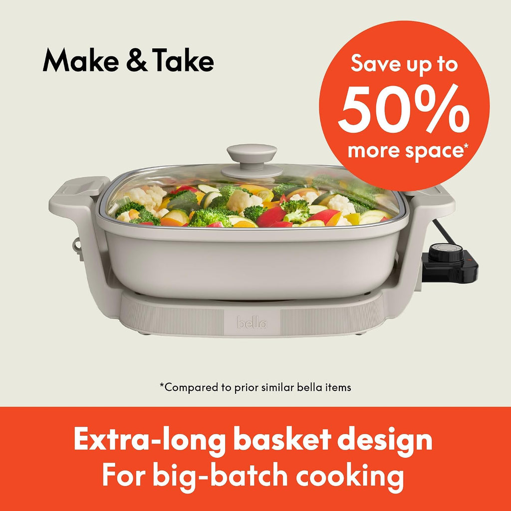 Bella Make & Take Electric Skillet, Fits-Anywhere™ Kitchenware, Evergood™ Ceramic Coating, Adjustable Temperature & Dishwasher-Safe Tempered Glass Lid, Cast Aluminum Base, 1200 Watt, Oatmilk