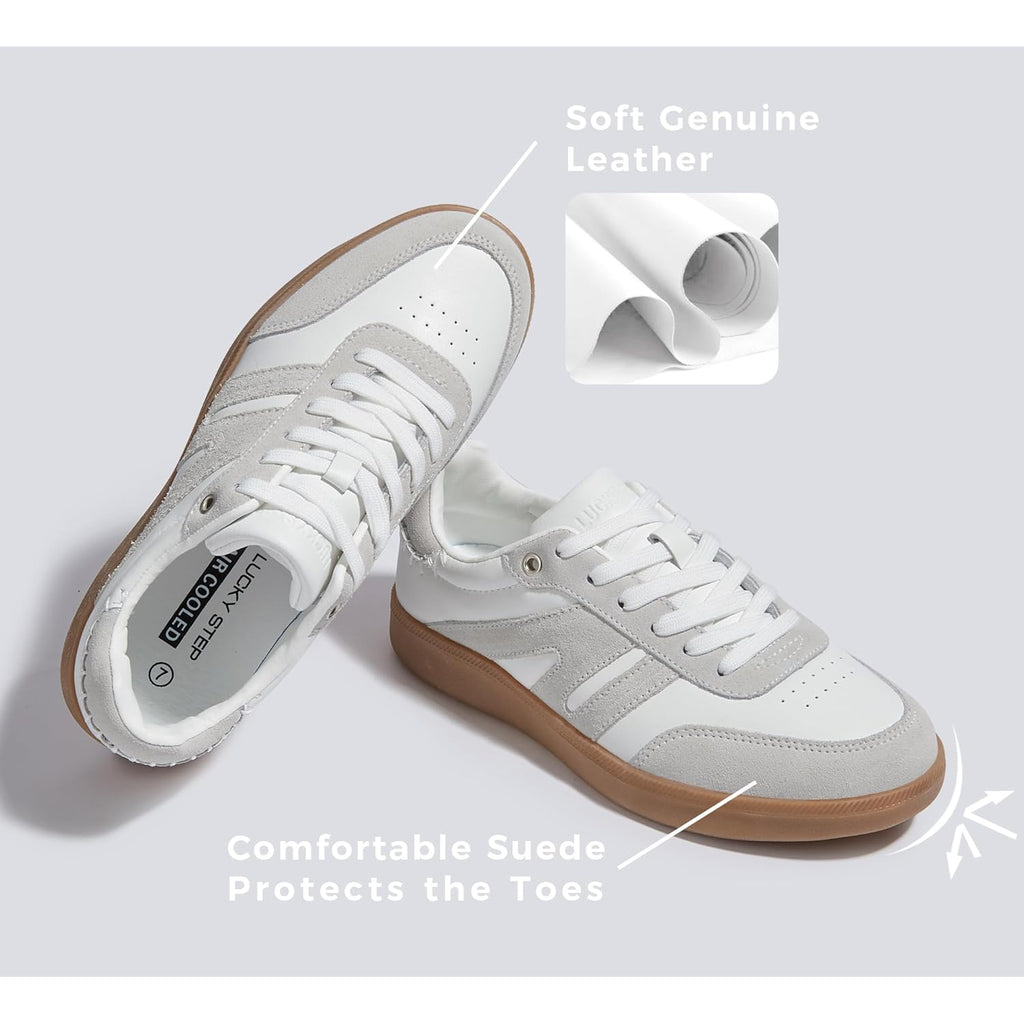 LUCKY STEP Women Classic Retro Gum Sole Fashion Sneakers Casual Tennis Skate Shoe Genuine Leather Walking Footwear Anti Slip Trainers
