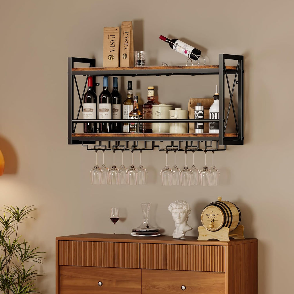Homeiju Wall Mounted Wine Rack, Bottle & Glass Holder Wood-Metal Retro Wine Rack, Wine Bottles Display Wall Storage For Kitchen Dining Room Home Bar