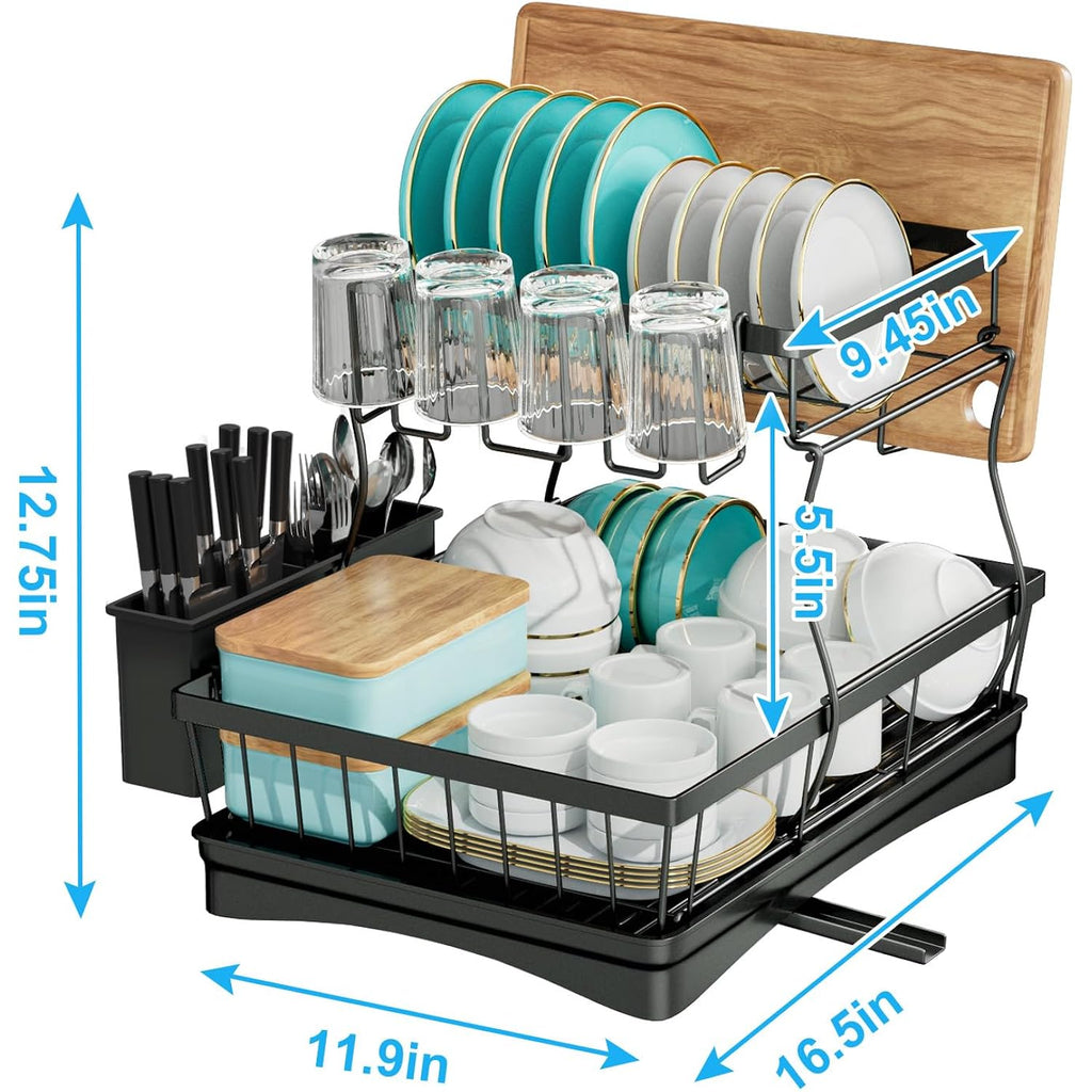 7 code Large Dish Drying Rack for Kitchen Counter, Detachable Large Capacity Dish Drainer Organizer, 2-Tier Dish Racks with Utensil Holder, Black