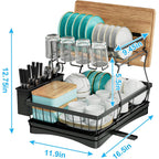 7 code Large Dish Drying Rack for Kitchen Counter, Detachable Large Capacity Dish Drainer Organizer, 2-Tier Dish Racks with Utensil Holder, Black