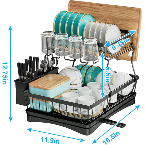 7 code Large Dish Drying Rack for Kitchen Counter, Detachable Large Capacity Dish Drainer Organizer, 2-Tier Dish Racks with Utensil Holder, Black