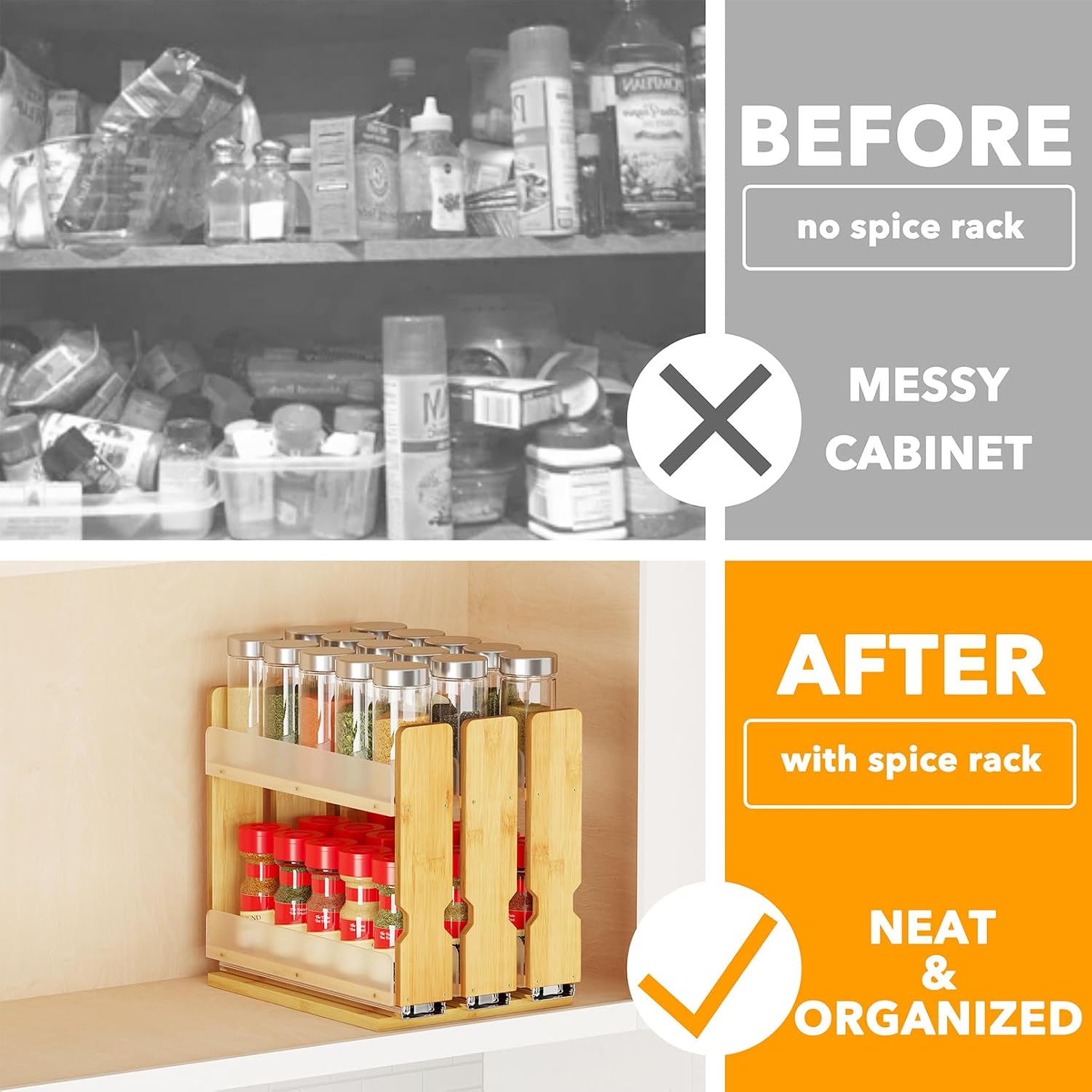 Spaceaid Bamboo Pull Out Spice Rack Organizer For Cabinet, Heavy Duty Slide Out Seasoning Kitchen Pantry Sliding Vertical Organization, 7.6" Wide, 3 Drawers(2" Wide), 2-Tier, Natural