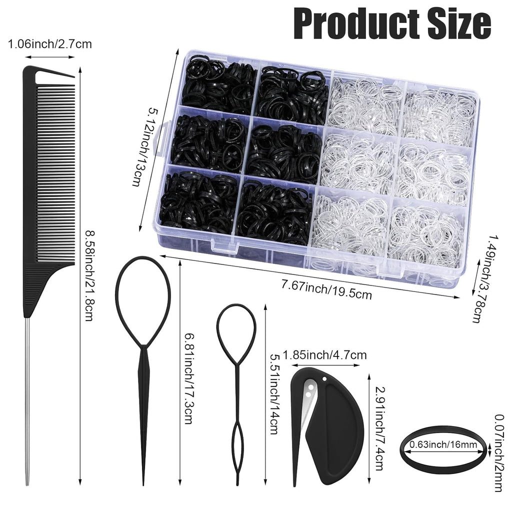 2200 Pcs Elastic Hair Bands with Hair Loop Styling Tool Set, Clear and Black Elastic Hair Ties with Rubber Band Cutter Organizer Box Hair Accessories for Toddler Baby Girl Women