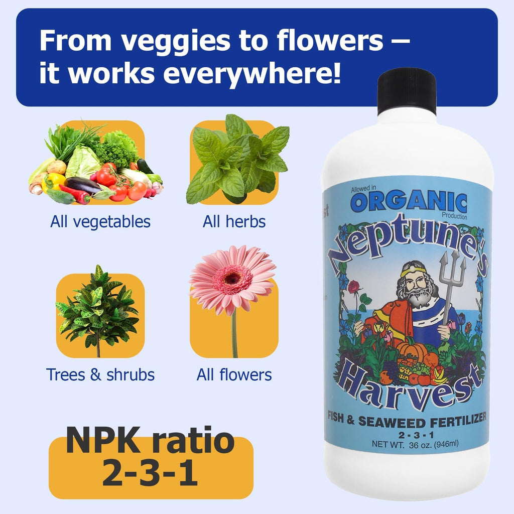 Neptune'S Harvest Fish & Seaweed Liquid Fertilizer (2-3-1) - 36Oz Bottle - Plant Food For Garden - Indoor & Outdoor Organic Plant Fertilizer For Vegetables, Flowers, Fruit, Trees & Lawns
