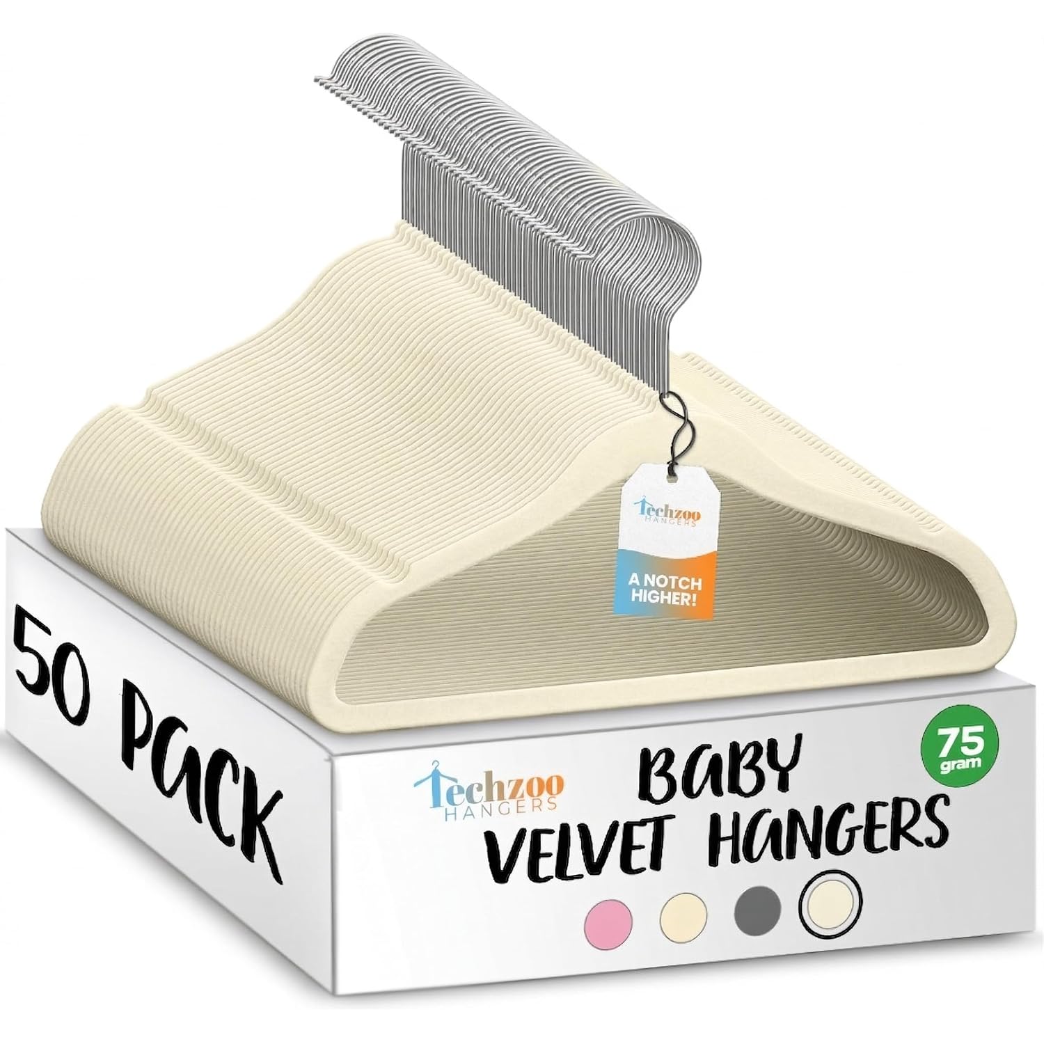 50 Premium Baby Velvet Hangers - 11.8" Non-Slip, Ultra-Slim Space-Saving Children Closet Hangers - 360° Swivel Hook, Strong & Durable Infant & Toddler Clothes Hangers For Wardrobe - Ivory