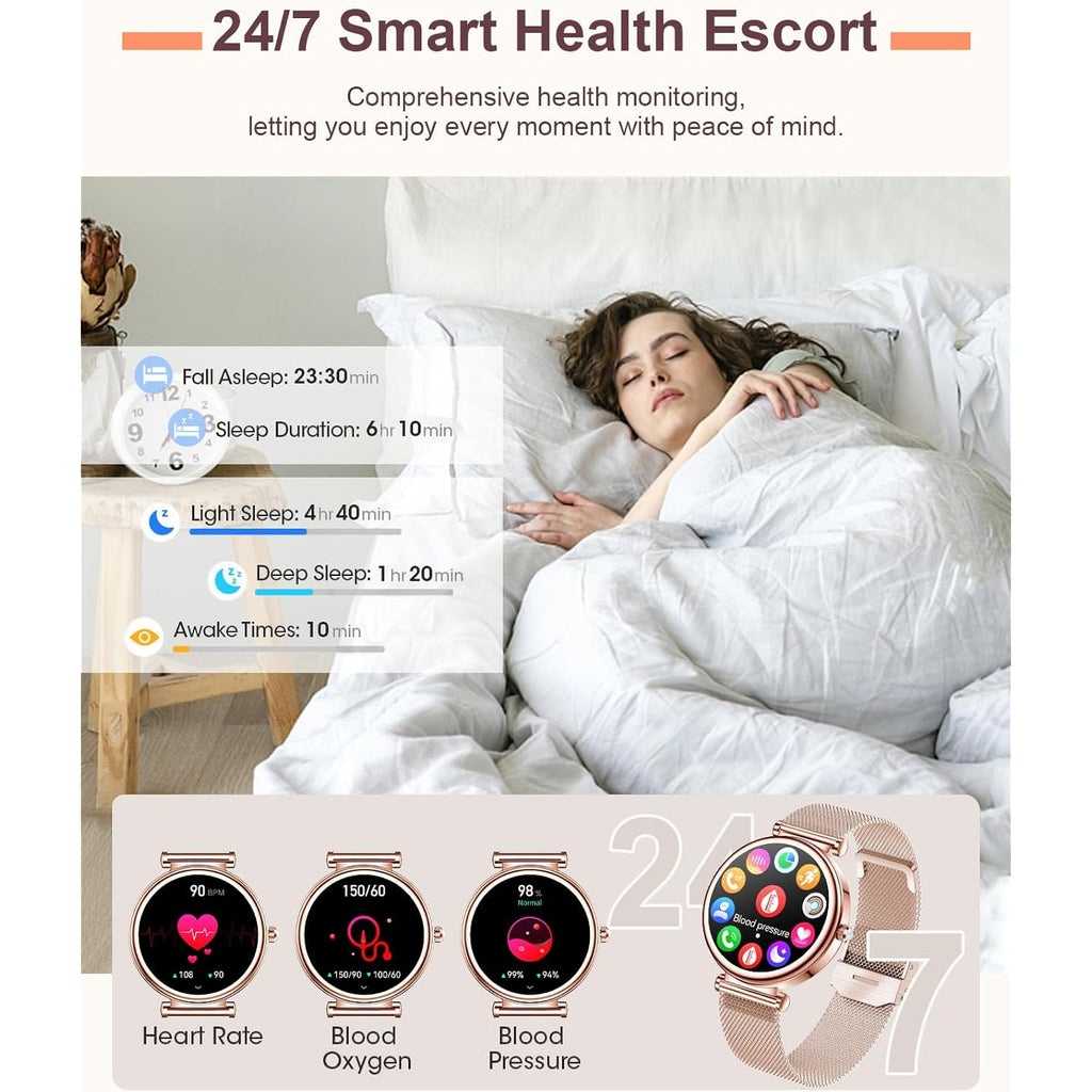 Small Smart Watch for Women with Bluetooth Call, 1.27” Ladies Smart Watch,120+ Sports Modes Step Counter Fitness Watch, HR/BP/SpO2 Sleep Monitor, IP68 Waterproof Smartwatch for Android/iOS Silver