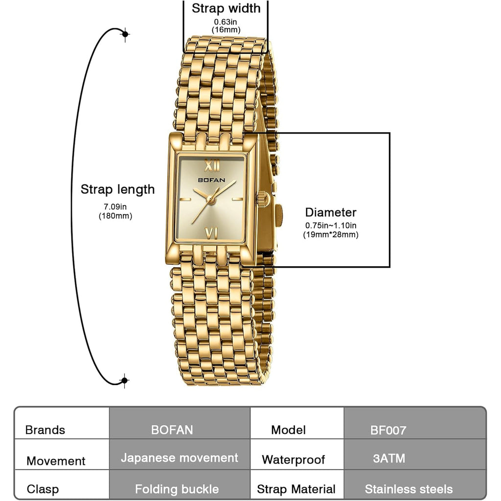 Bofan Gold Watches For Women Luxury Ladies Quartz Wrist Watch With Stainless Steel Bracelet,Waterproof,Casual Fashion Square Dial.Band Adjustment Tool Included