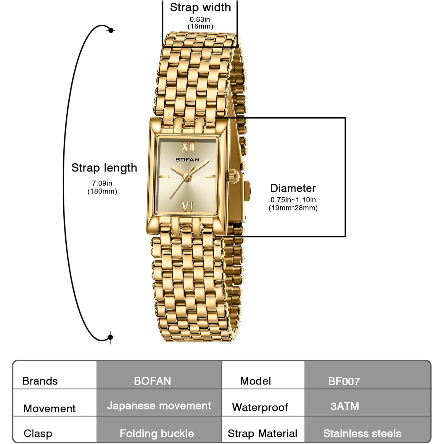 Bofan Gold Watches For Women Luxury Ladies Quartz Wrist Watch With Stainless Steel Bracelet,Waterproof,Casual Fashion Square Dial.Band Adjustment Tool Included