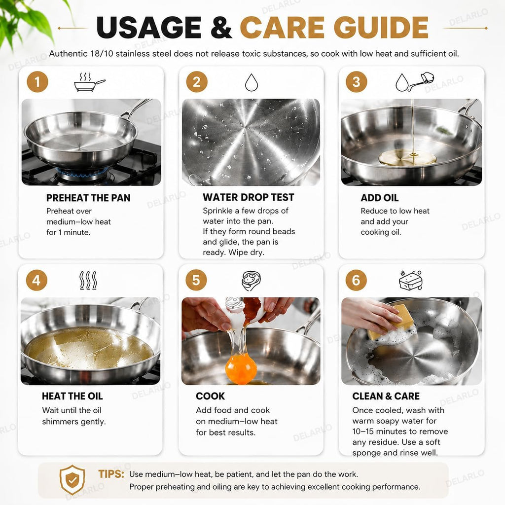 Delarlo Tri-Ply Stainless Steel Pan, 18/10 Frying Pan, Oven Safe Up To 600°F, Nontoxic Cookware, Compatible With All Cooktops Skillet, Durable, Fast Even Heat Fry Pan,12 Inch Pan With Glass Lids