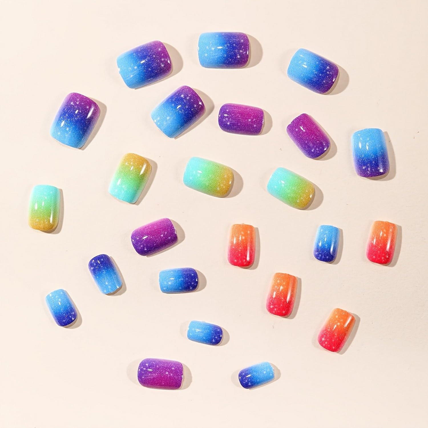 Rainbow Gradient Press on Nails Glossy Colorful Stick on Nail Full Cover Short Square Shape Fake Nails with White Dot Designs Acrylic False Nails for Women DIY Manicure Decorations 24 Pcs