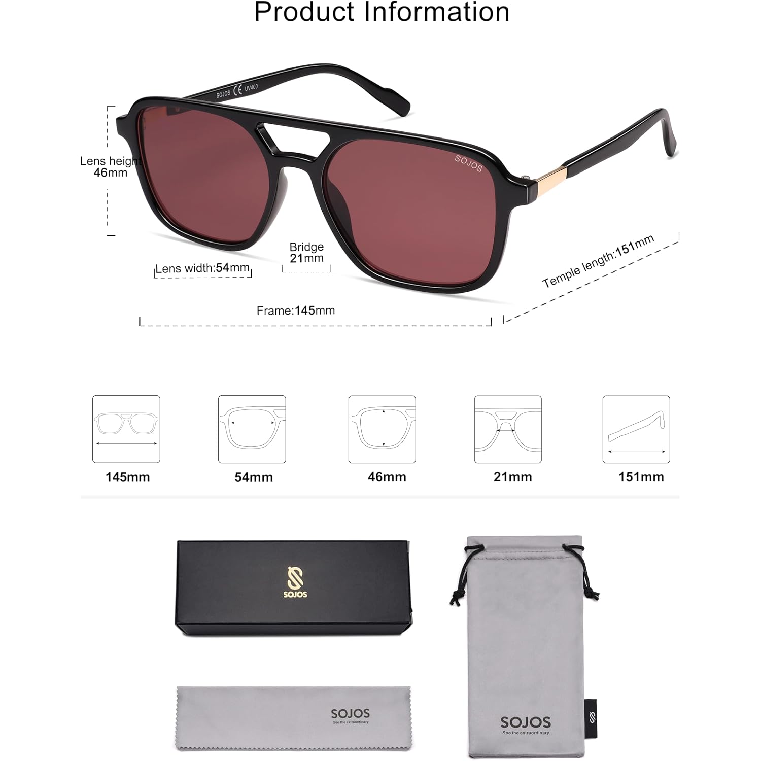 SOJOS Retro Aviator Sunglasses for Women Men,Trendy Rectangle Womens Mens Shades Sun Glasses SJ2202 Black Frame/Red Lens