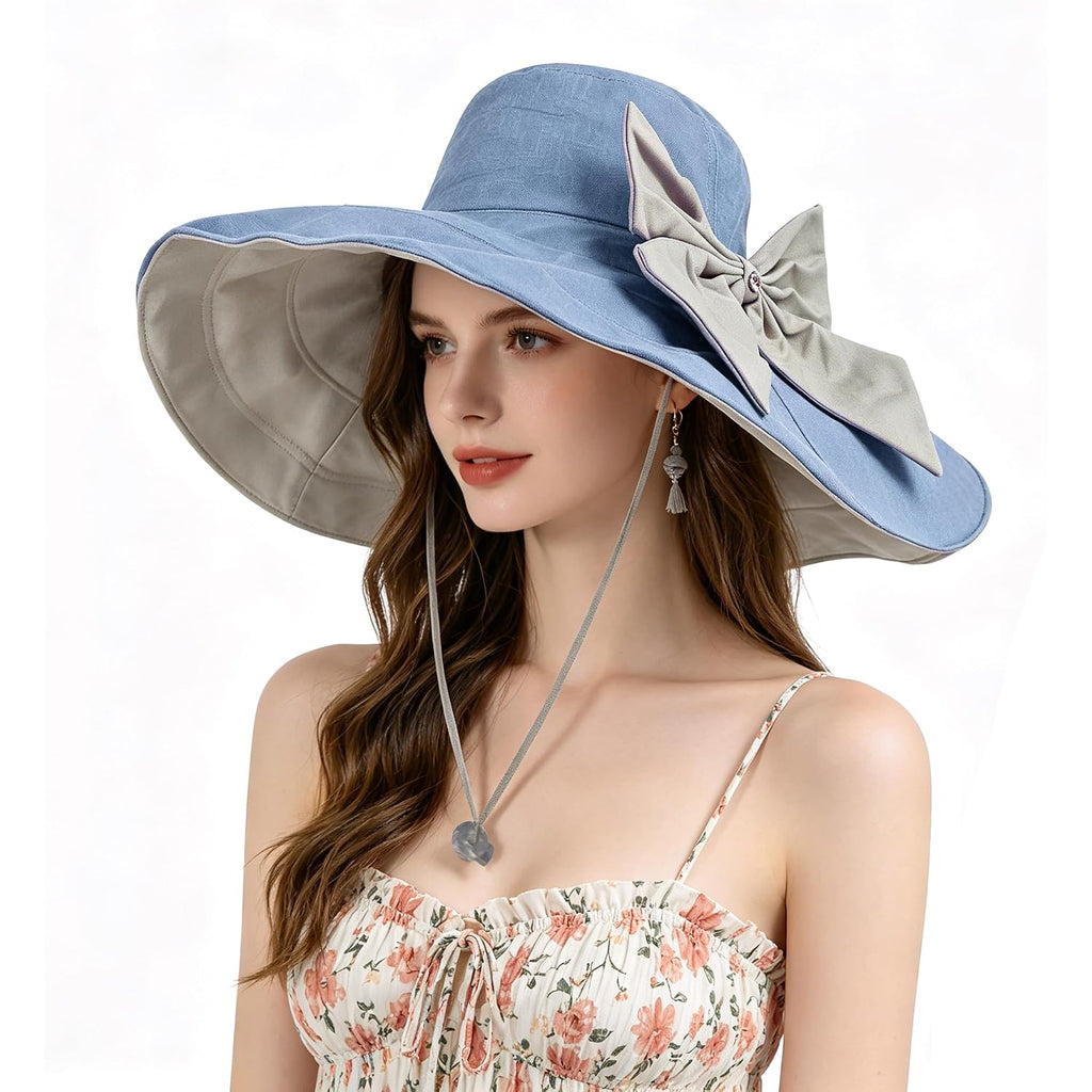 Women's Foldable Floppy Sun Hats Reversible Vacation Beach Cap Summer Wide Brim UPF 50+ Travel Fishing Bucket Hat Blue, Cotton Linen