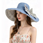 Women's Foldable Floppy Sun Hats Reversible Vacation Beach Cap Summer Wide Brim UPF 50+ Travel Fishing Bucket Hat Blue, Cotton Linen