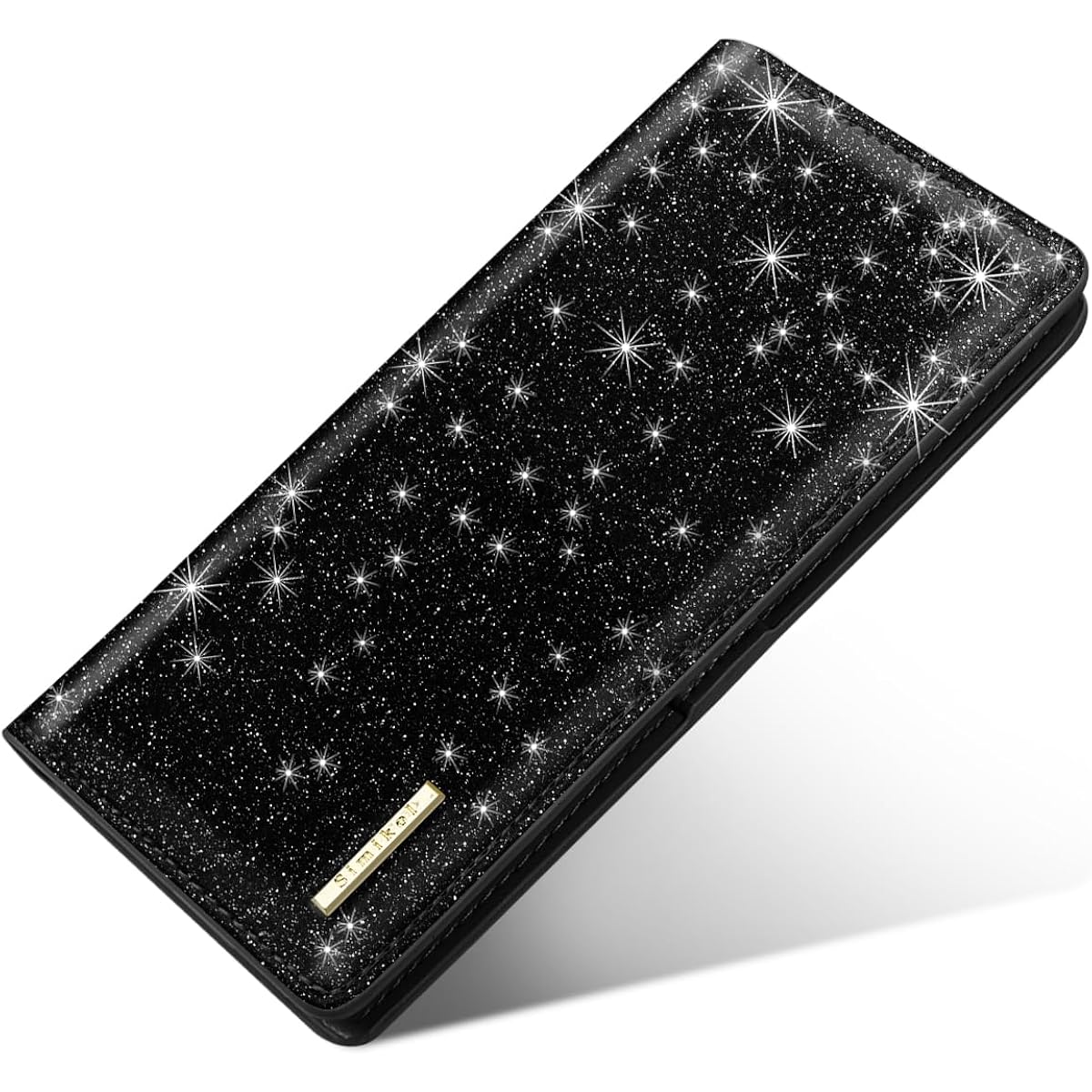 Ultra Slim Womens Wallet Minimalist Thin Long Leather Bifold Wallet RFID Blocking Card Holder Organizer with Zipper Coin Pocket Ladies Girls Gift Purse, Glitter Black