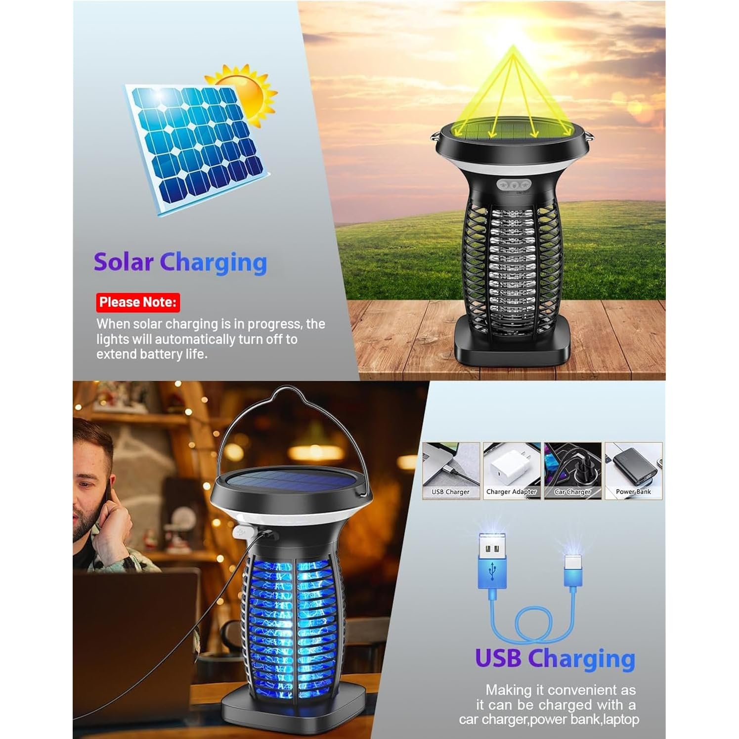 Solar Bug Zapper Outdoor Waterproof, Portable & Rechargeable Bug Zapper With Panel Sensor & Led Night Light Mosquitoes Zapper, Electric Fly Zapper For Home, Patio, Backyard, Camping