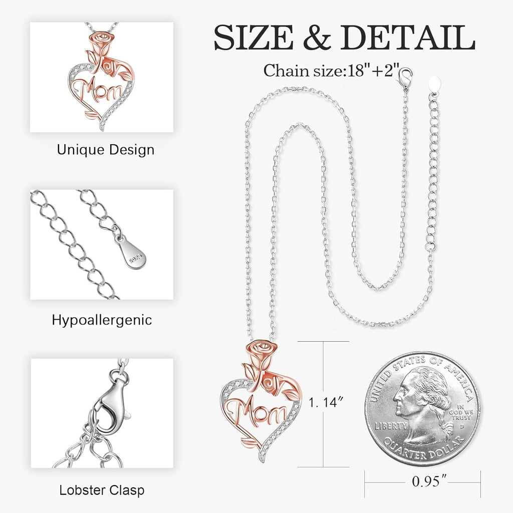 Desimtion Gifts for Mom, Sterling Silver Heart Rose Necklaces for Mom, Valentine's Day Birthday Jewelry Gifts for Women Her Girlfriend Wife