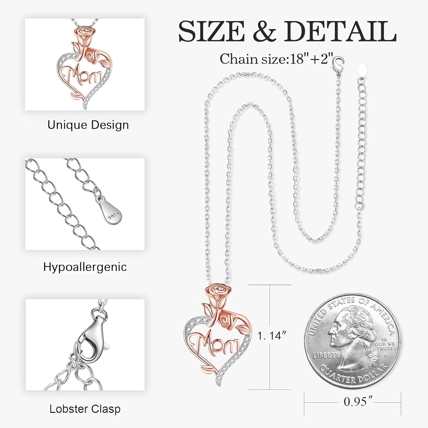 Desimtion Gifts for Mom, Sterling Silver Heart Rose Necklaces for Mom, Valentine's Day Birthday Jewelry Gifts for Women Her Girlfriend Wife