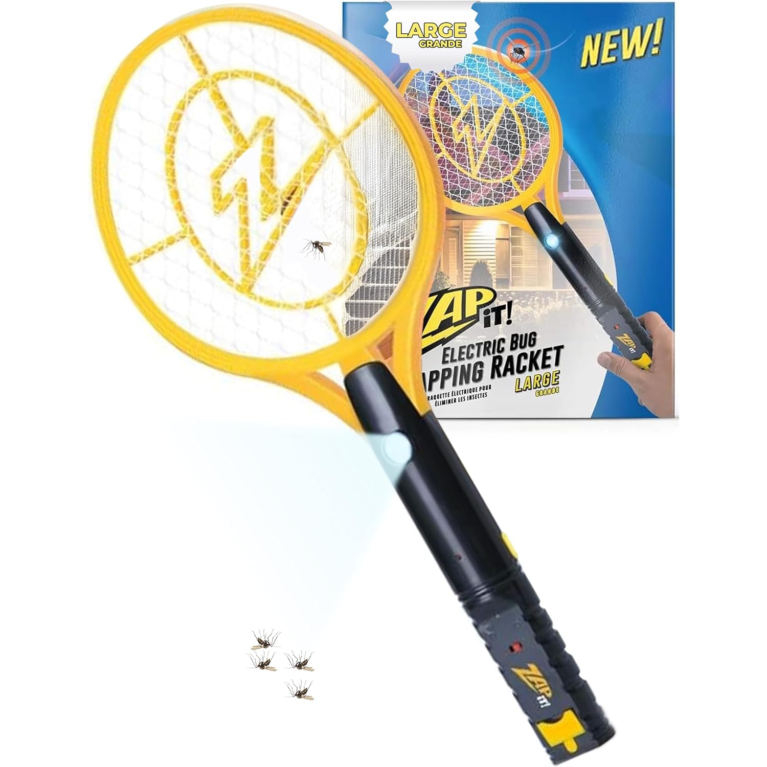 Zap It! Rechargeable Electric Fly Swatter Racket - 4,000-Volt Mosquito Zapper With Usb Charging Cable And Super-Bright Led Light -Large- Safe 3-Layer Mesh, Yellow, Bug Zapper For Indoors And Outdoors